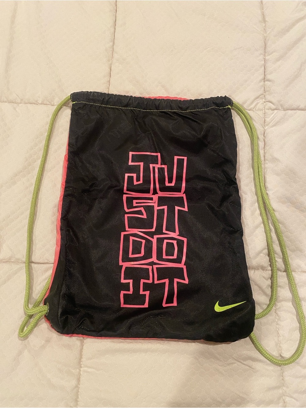 Nike Black Drawstring Backpack with Pink Logo and Lime Green Accents